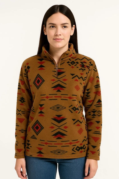 Kadın Yarım Fermuarlı Desenli Polar Sweat Tribal Etnik Desen Yakalı, Uzun Kollu, Oversize Rahat Kalıp - Siyah