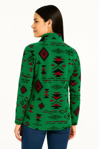 Kadın Yarım Fermuarlı Desenli Polar Sweat Tribal Etnik Desen Yakalı, Uzun Kollu, Oversize Rahat Kalıp - Siyah