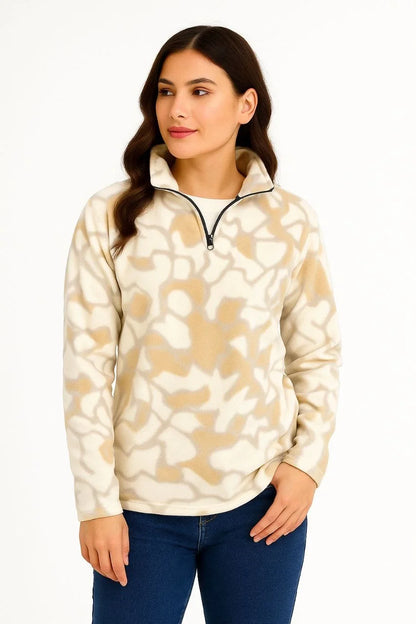 KADIN Yarım Fermuarlı Desenli Polar Sweat Yakalı, Uzun Kollu, Oversize Rahat Kalıp - Siyah