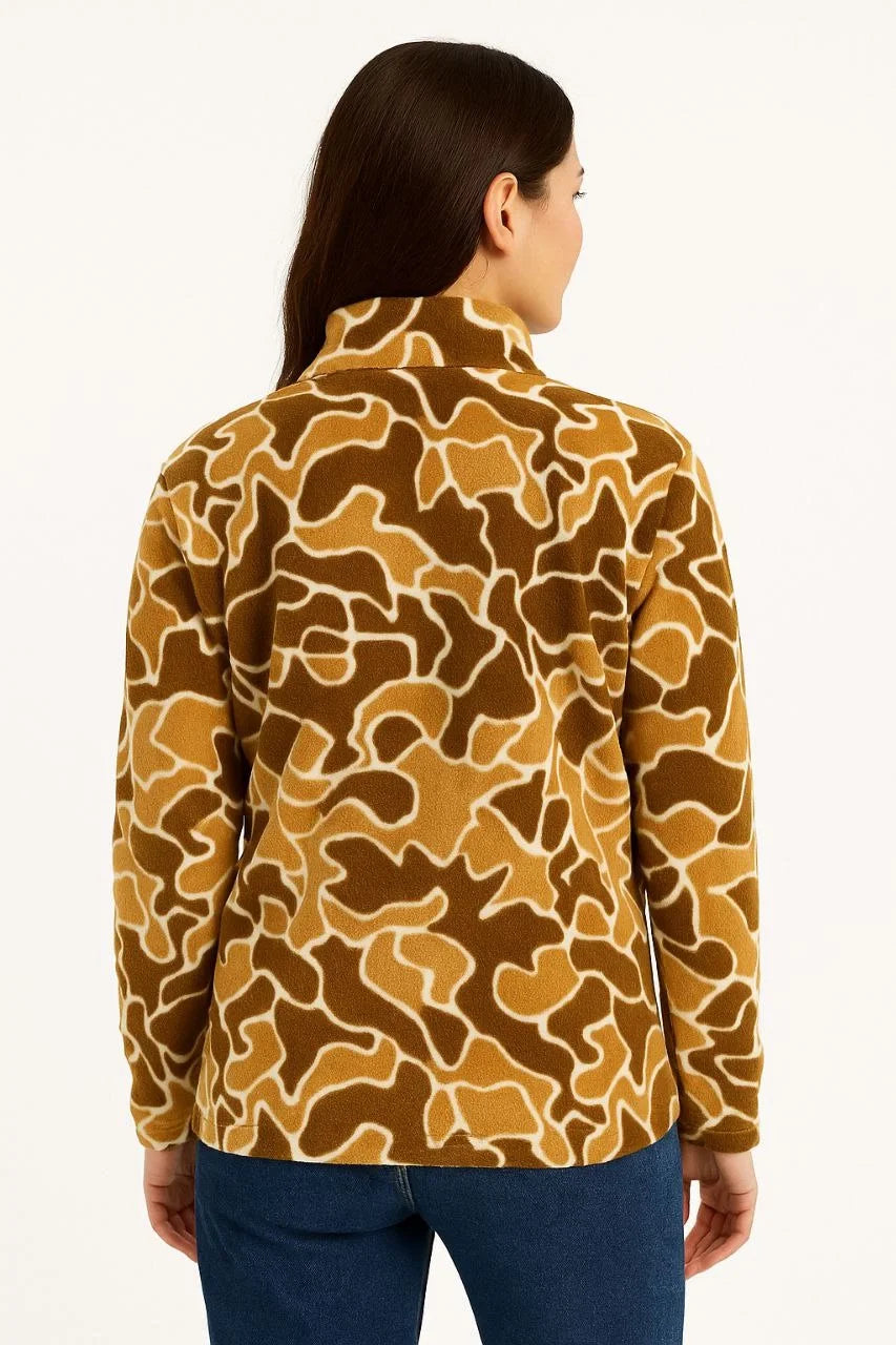 KADIN Yarım Fermuarlı Desenli Polar Sweat Yakalı, Uzun Kollu, Oversize Rahat Kalıp - Siyah