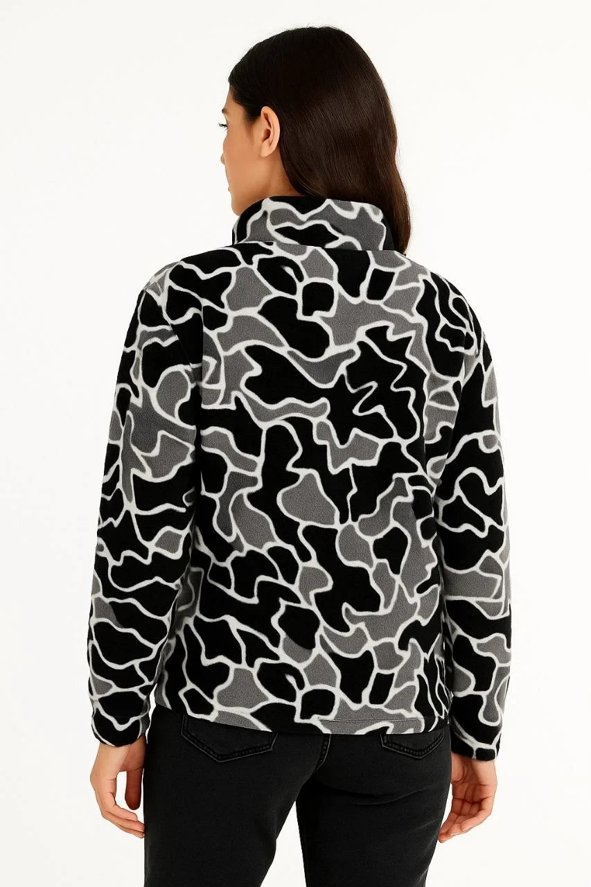 KADIN Yarım Fermuarlı Desenli Polar Sweat Yakalı, Uzun Kollu, Oversize Rahat Kalıp - Siyah