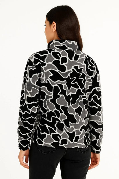 KADIN Yarım Fermuarlı Desenli Polar Sweat Yakalı, Uzun Kollu, Oversize Rahat Kalıp - Siyah