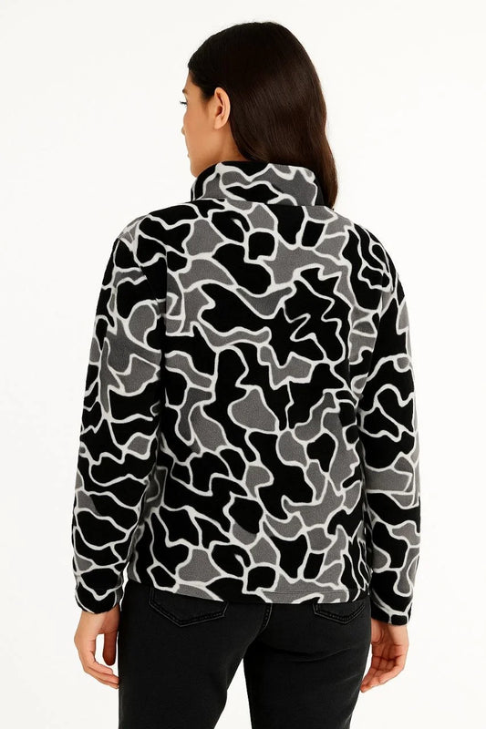 KADIN Yarım Fermuarlı Desenli Polar Sweat Yakalı, Uzun Kollu, Oversize Rahat Kalıp - Siyah