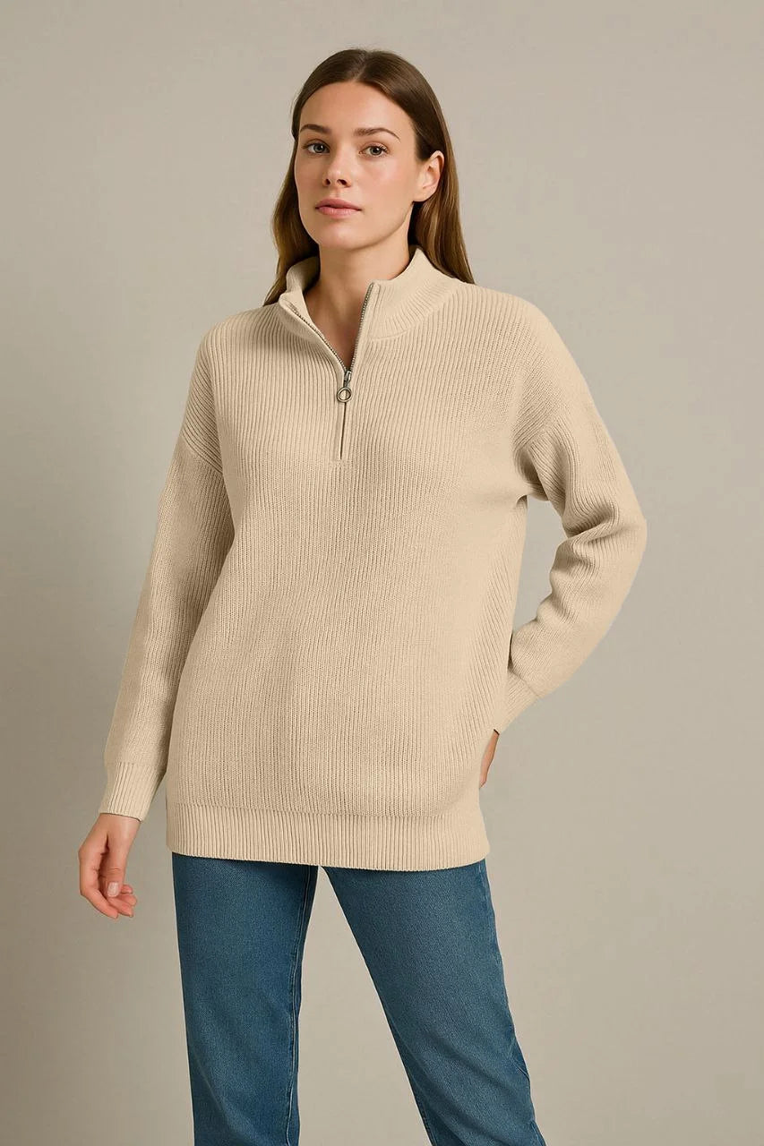 KADIN Yarım Fermuarlı Triko Kazak – Selanik Örgü, Dik Yaka, Pamuklu Dokuma, Oversize Uzun Kollu Kışlık Model - Siyah