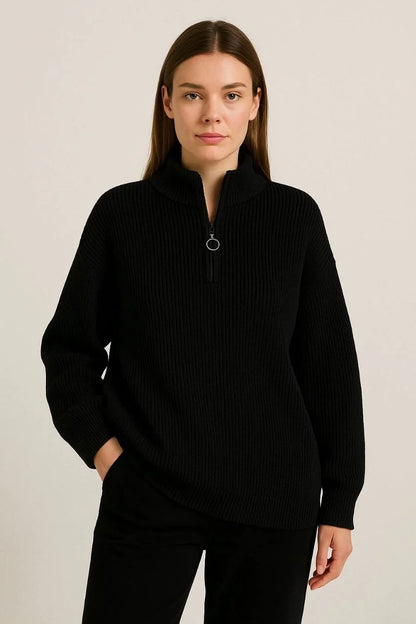 KADIN Yarım Fermuarlı Triko Kazak – Selanik Örgü, Dik Yaka, Pamuklu Dokuma, Oversize Uzun Kollu Kışlık Model - Siyah