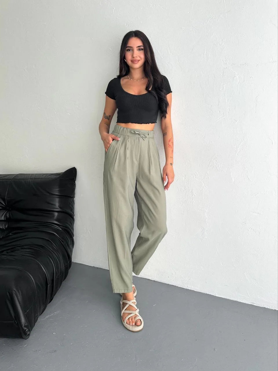 Kadın Yüksel Bel Beli Bağcıklı Rahat Boru Paça Pantalon - Kırık Beyaz