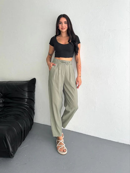 Kadın Yüksel Bel Beli Bağcıklı Rahat Boru Paça Pantalon - Kırık Beyaz