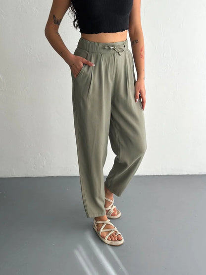Kadın Yüksel Bel Beli Bağcıklı Rahat Boru Paça Pantalon - Kırık Beyaz
