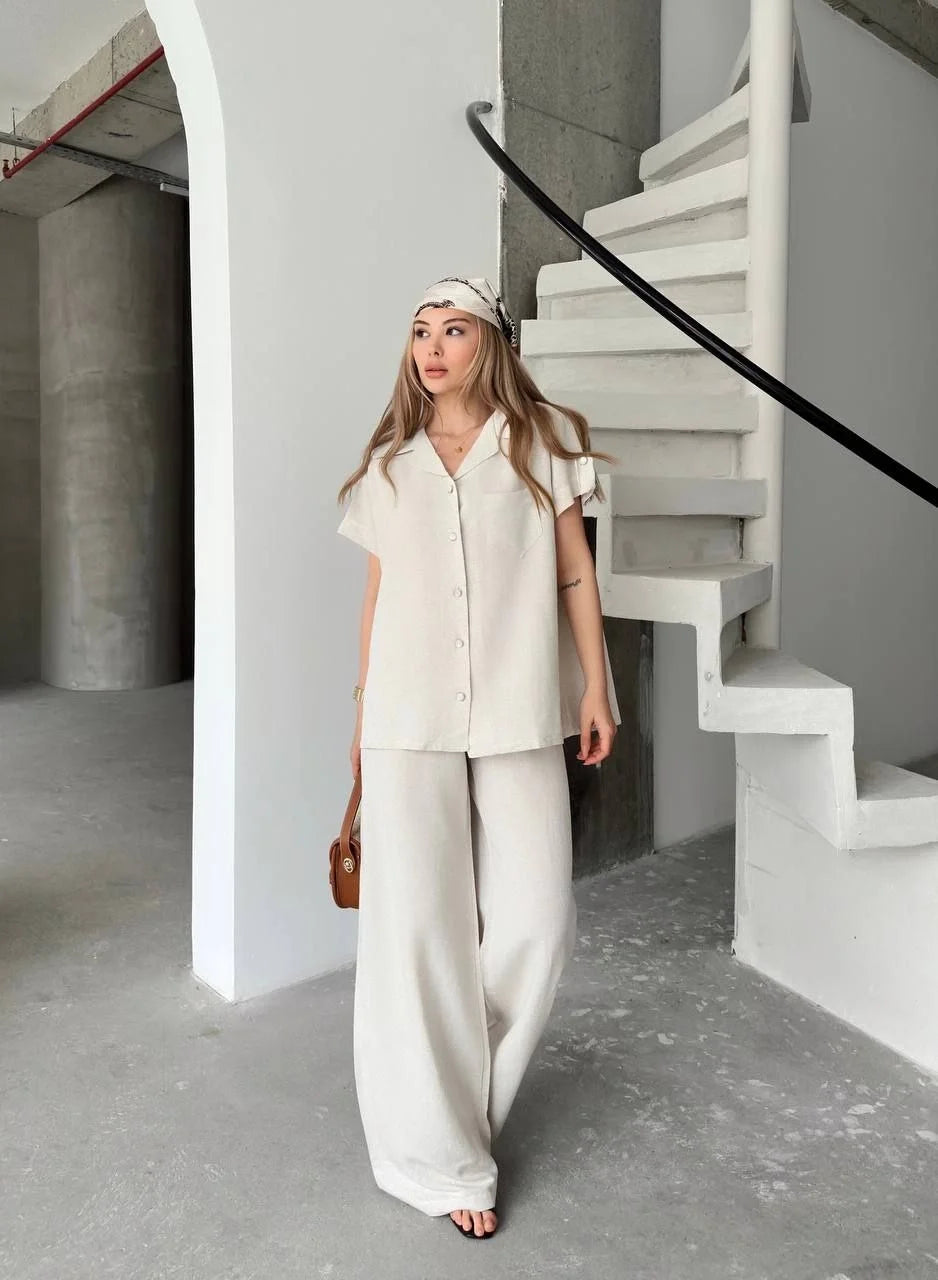 Keten Kısa Kollu Cepli Gömlek Pantolon ikili Takım - Beyaz