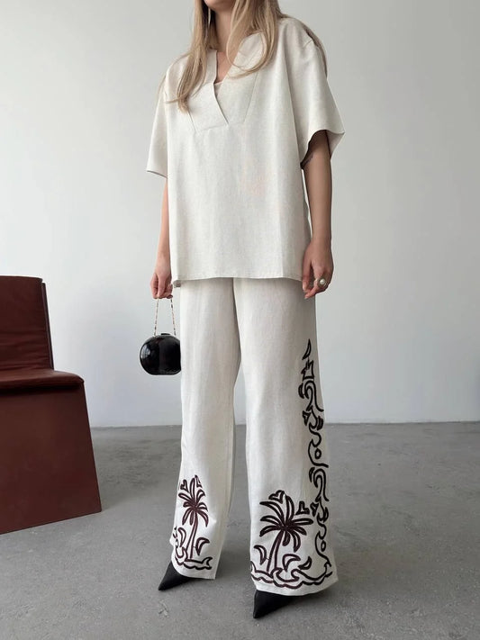 Keten Kısa kolu V Yaka Bluz Pantolon ikili Takım- Beyaz