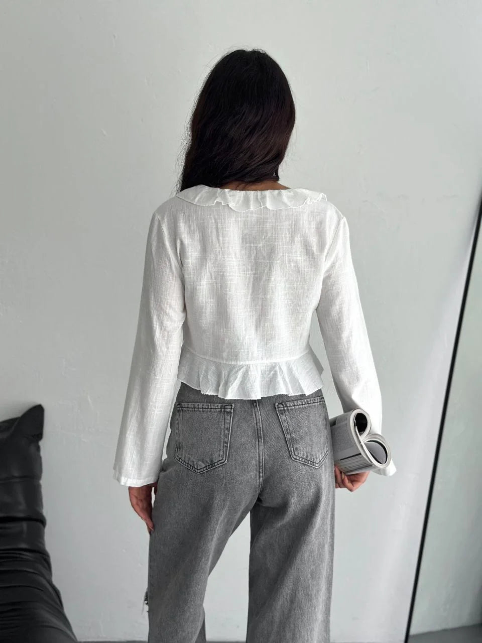 Keten Uzun Kol Bağacık Detaylı Bluz - Beyaz