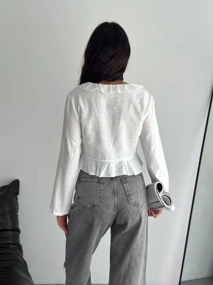 Keten Uzun Kol Bağacık Detaylı Bluz - Beyaz