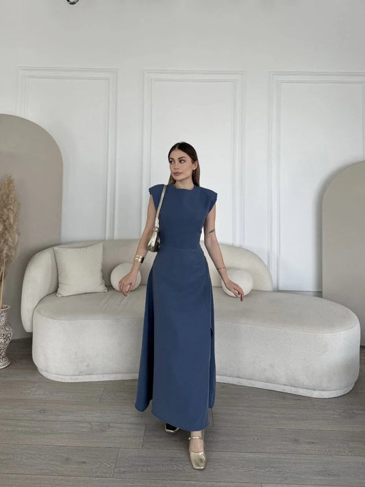 Keten Yandan Yırtmaçlı Uzun Elbise Sıfır Kol Elbise - Mavi