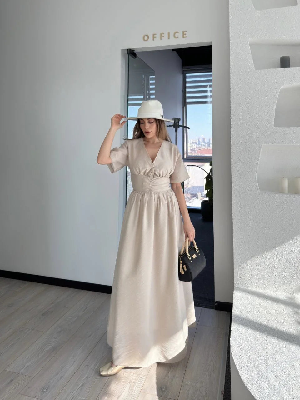 Kısa Kollu Uzun Elbise - Kahve