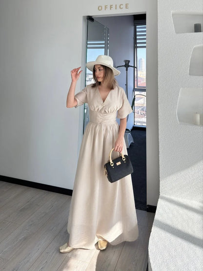 Kısa Kollu Uzun Elbise - Kahve