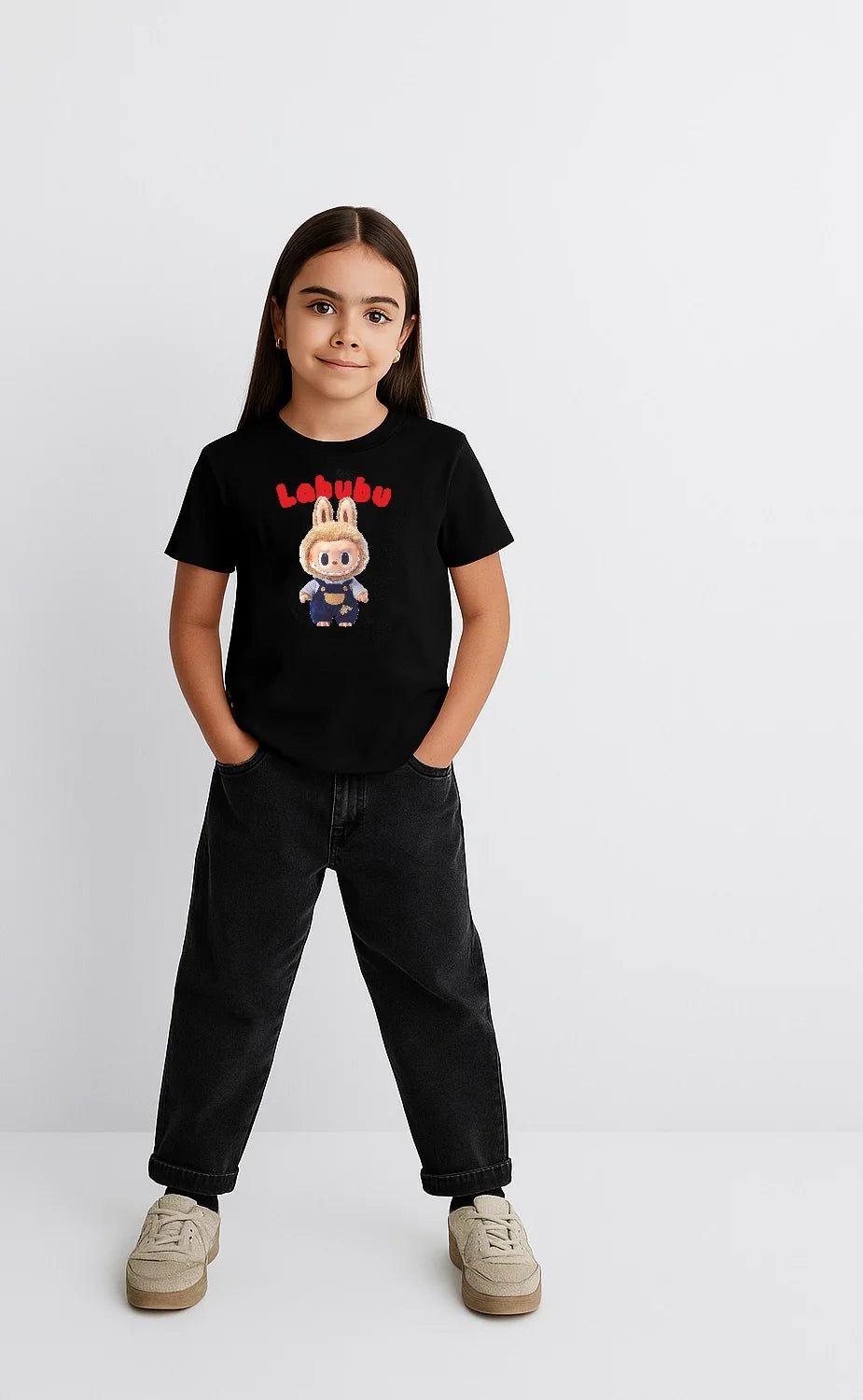 Kız Labubu Çocuk Baskılı T-Shirt - Beyaz