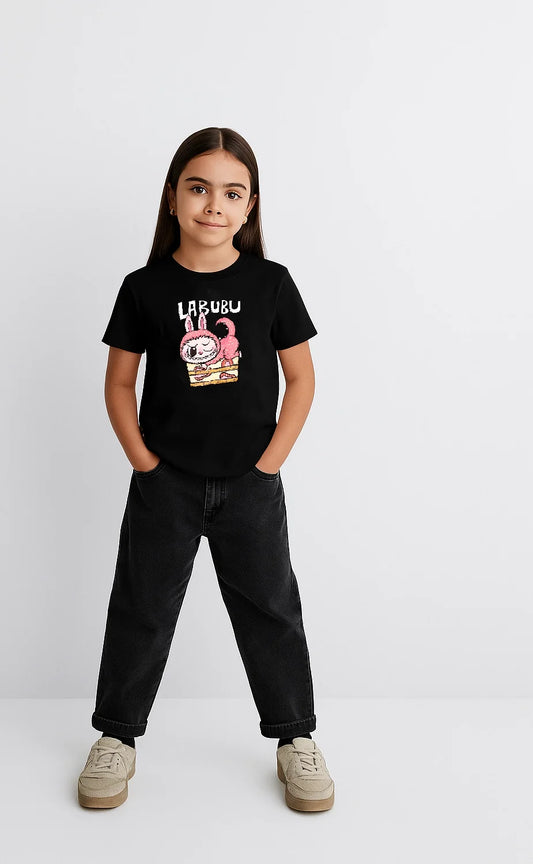 Kız Labubu Çocuk Baskılı T-Shirt - Siyah