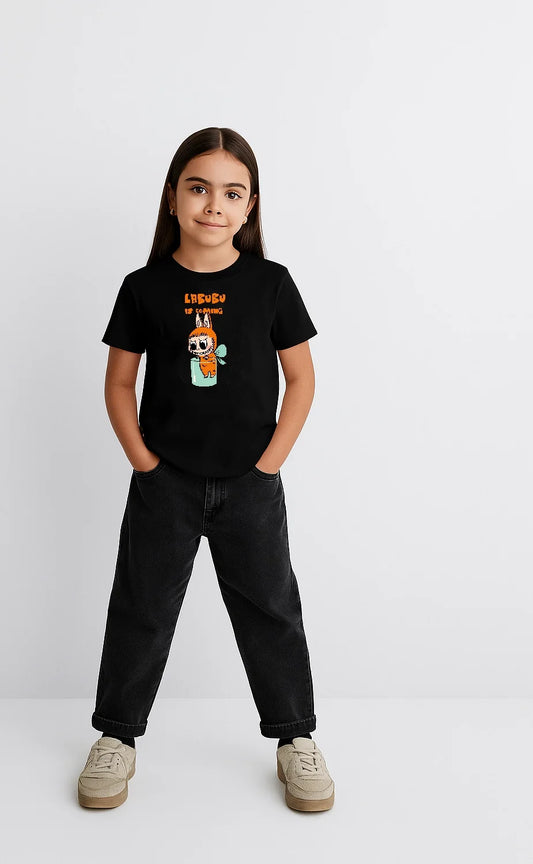Kız Labubu Çocuk Baskılı T-Shirt - Siyah