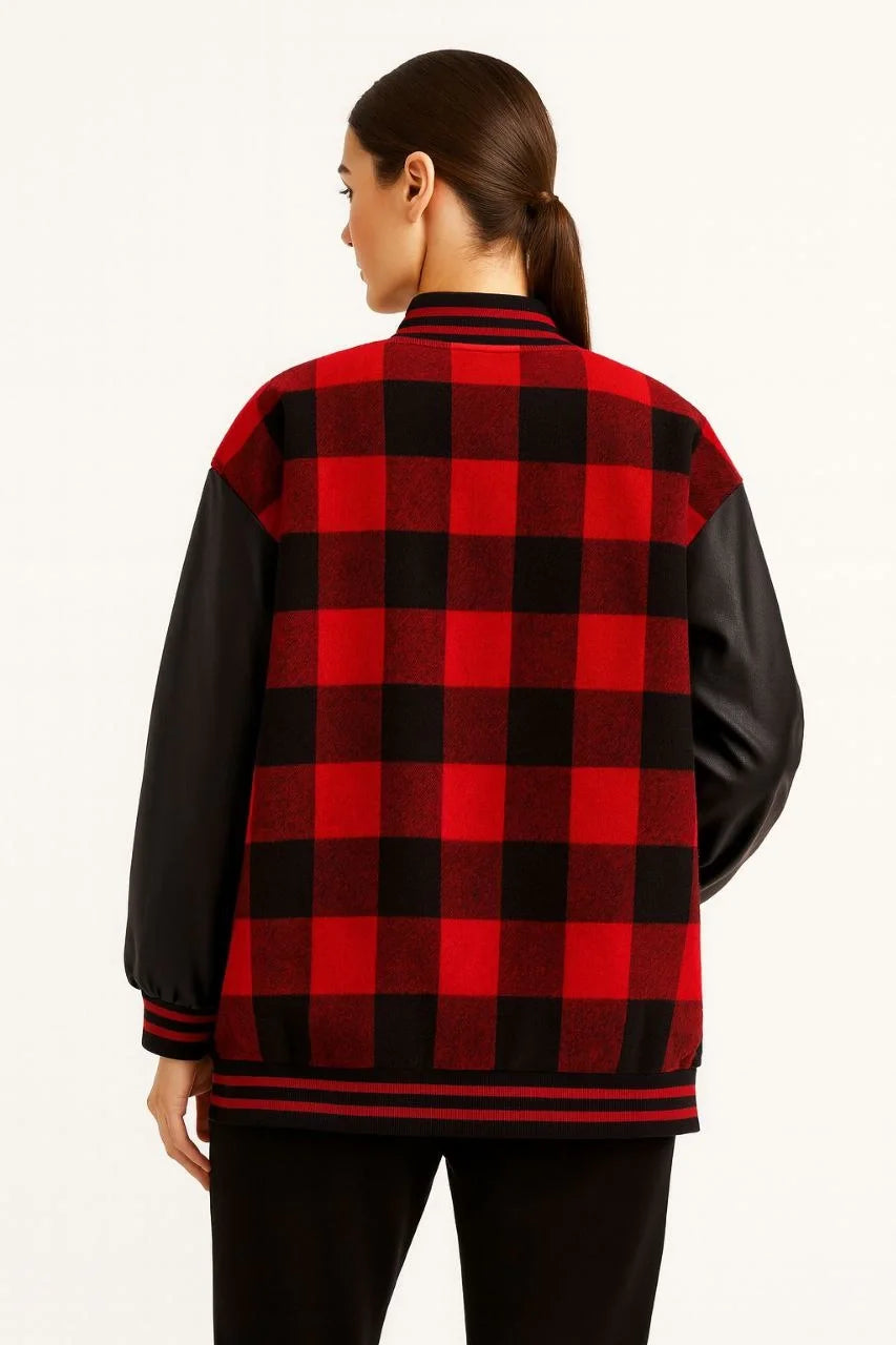 Kadın Kolej Ceket – Kareli Oduncu Kumaş, Kolları Suni Deri, Fermuarlı, İçi Kapitone Astarlı, Nakışlı Oversize Bahar & Kış Stil - Gri