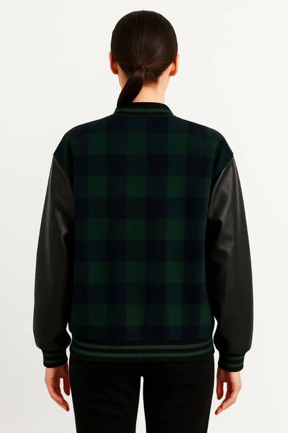 Kadın Kolej Ceket – Kareli Oduncu Kumaş, Kolları Suni Deri, Fermuarlı, İçi Kapitone Astarlı, Nakışlı Oversize Bahar & Kış Stil - Gri