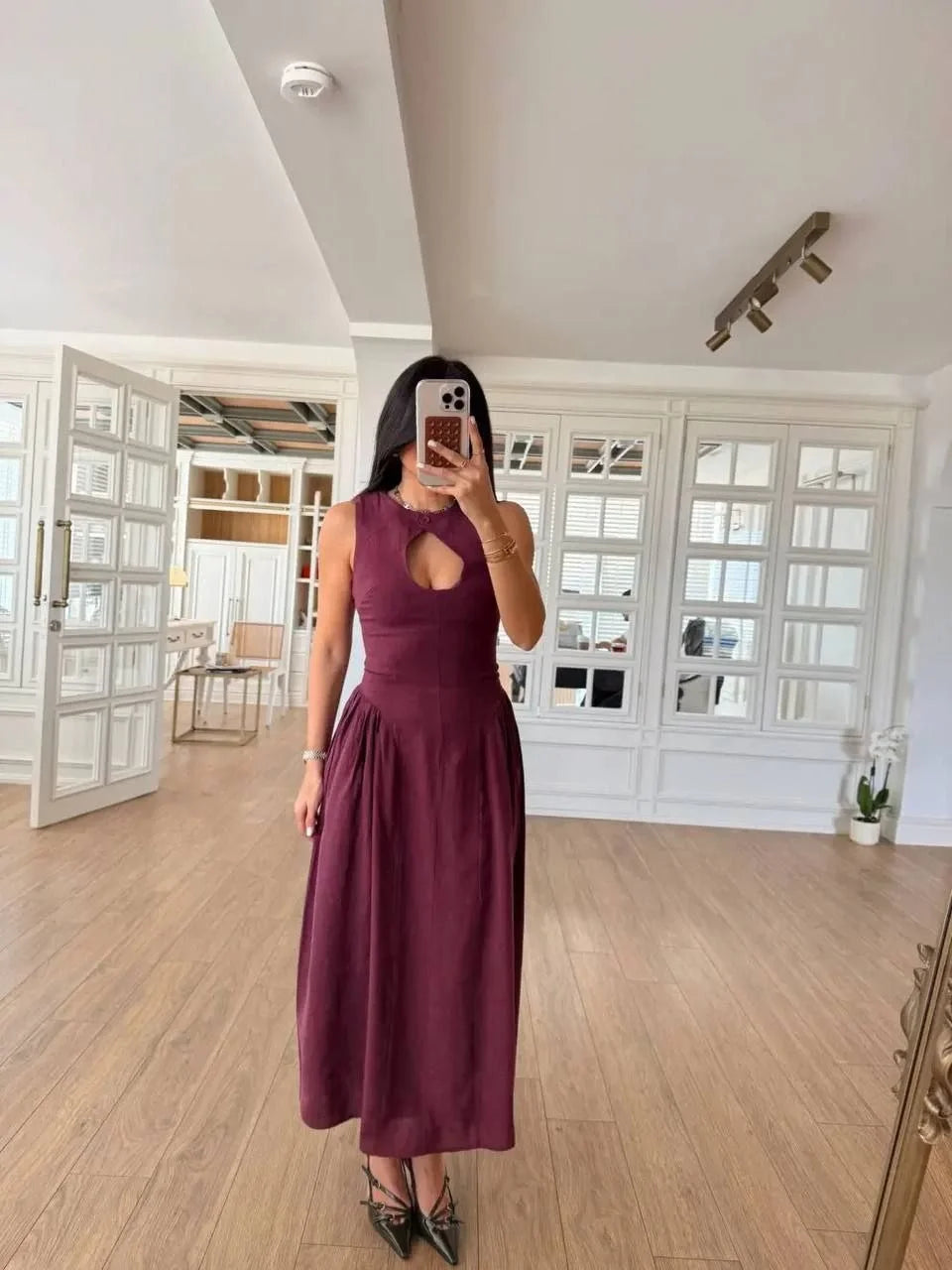 Kolsuz Uzun Kabardin Elbise - Gri