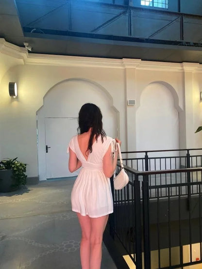 Omuzu ip Askılı Şortlu Elbise - Beyaz