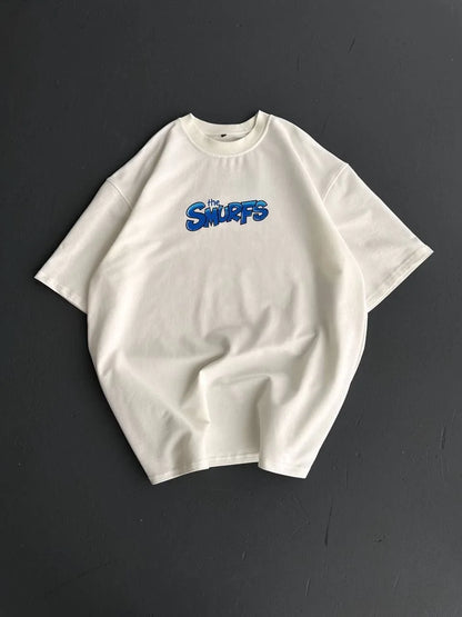 Ön ve Arka Baskılı Oversize Bisiklet Yaka T-shirt- Siyah