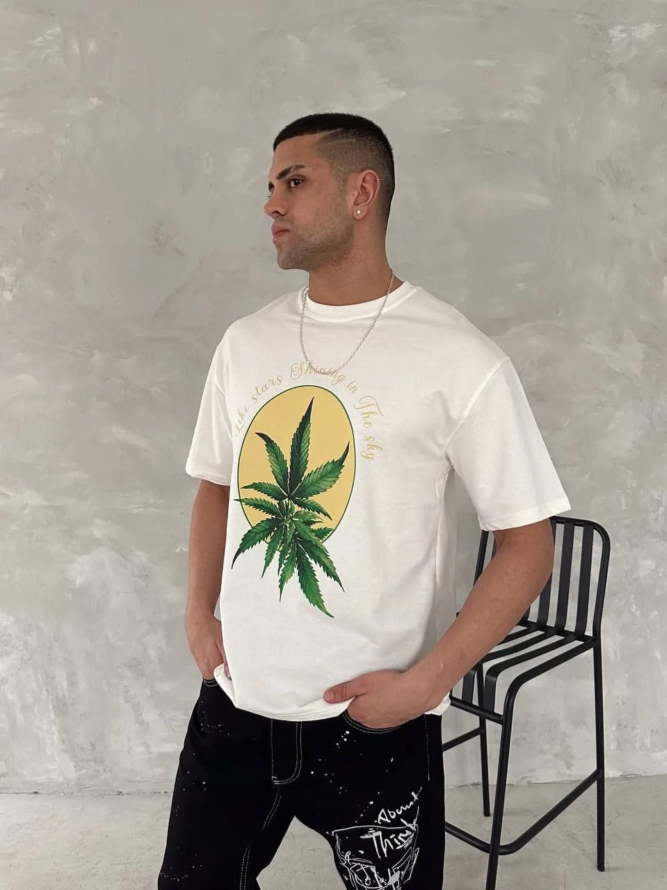 Ön ve Arka Baskılı Oversize Bisiklet Yaka T-shirt- Beyaz