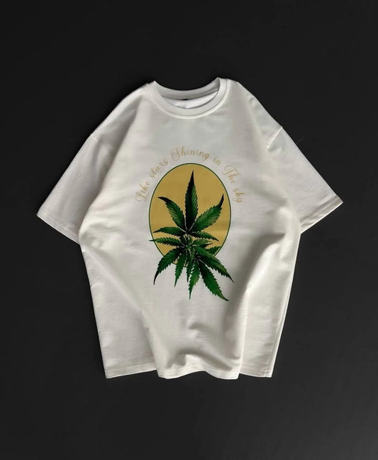 Ön ve Arka Baskılı Oversize Bisiklet Yaka T-shirt- Beyaz