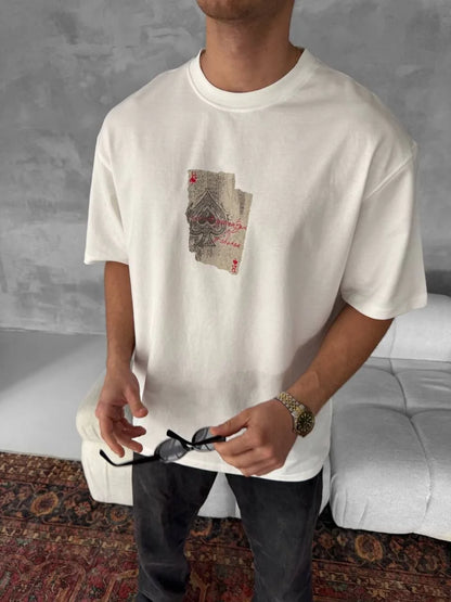 Ön ve Arka Baskılı Oversize Bisiklet Yaka T-shirt - Siyah