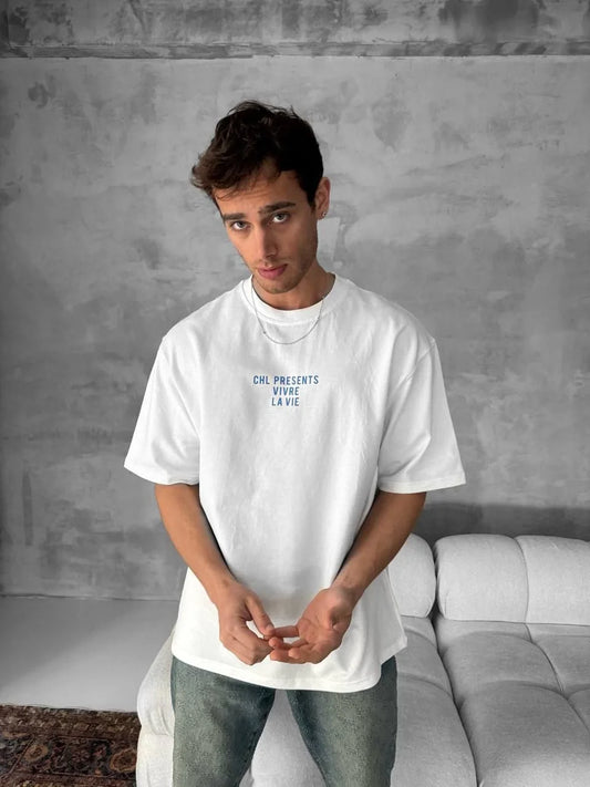 Ön ve Arka Baskılı Oversize Bisiklet Yaka T-shirt- Beyaz