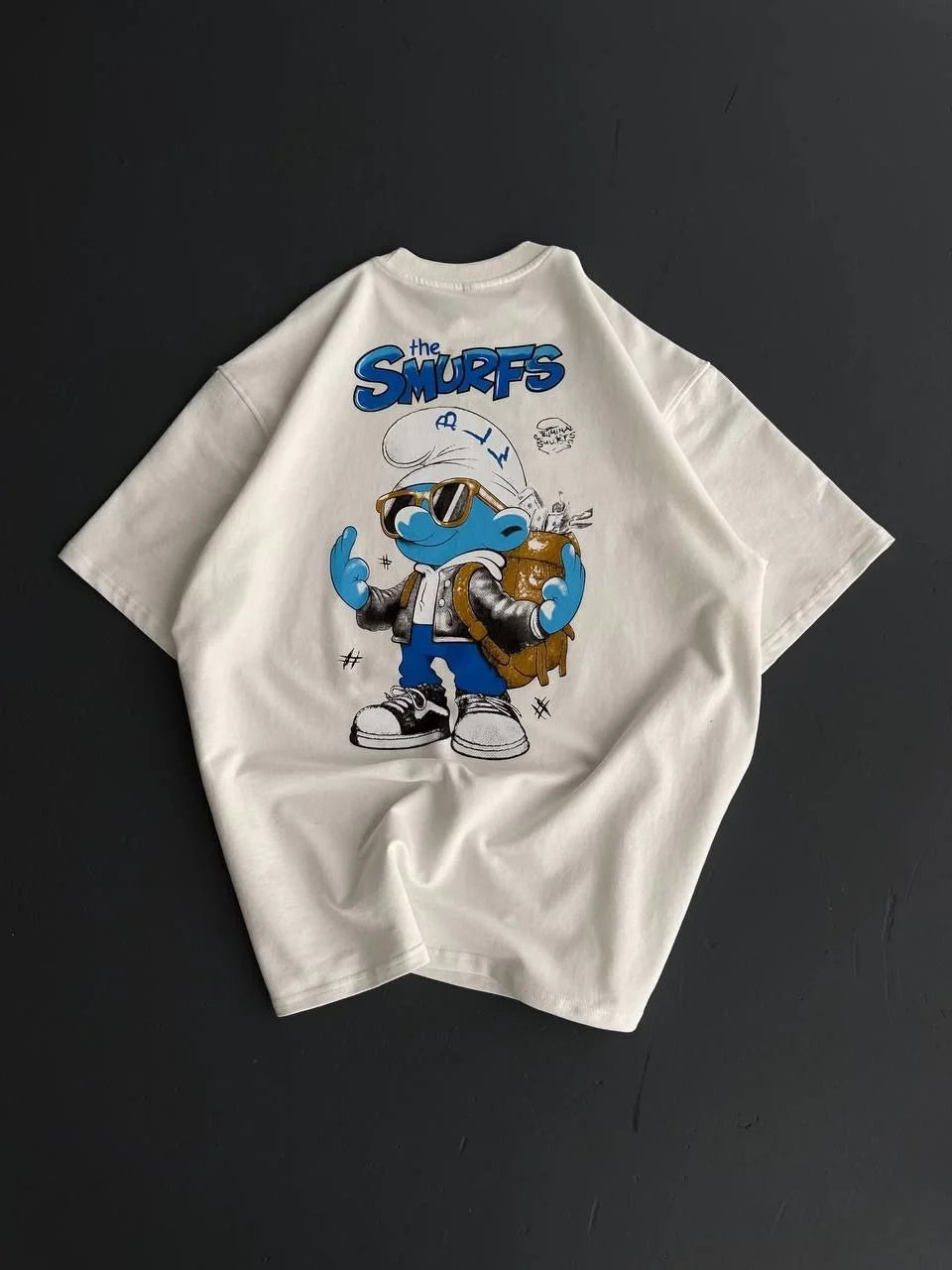 Ön ve Arka Baskılı Oversize Bisiklet Yaka T-shirt- Siyah