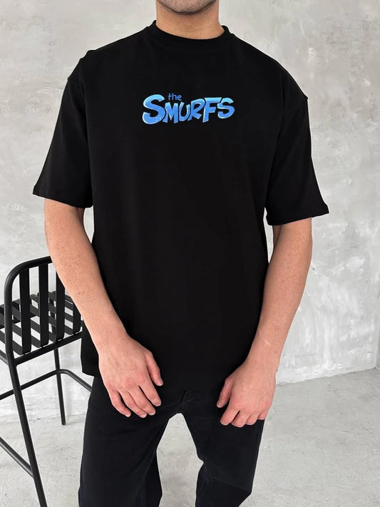 Ön ve Arka Baskılı Oversize Bisiklet Yaka T-shirt- Siyah