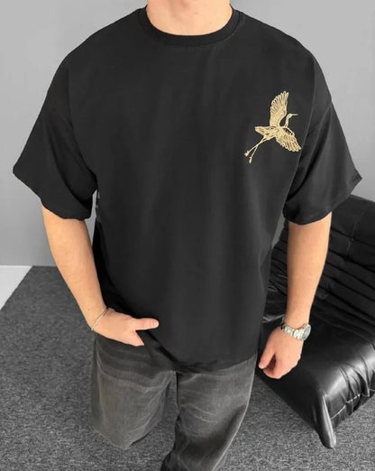 Ön ve Arka Baskılı Oversize Bisiklet Yaka T-shirt - Beyaz