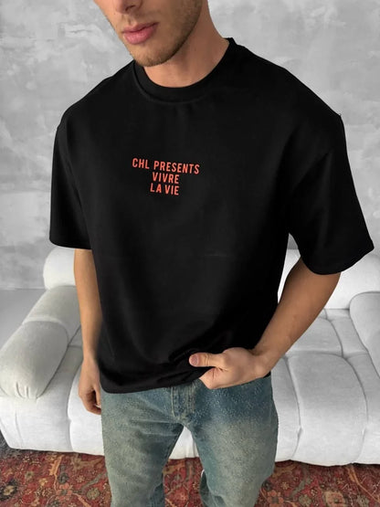 Ön ve Arka Baskılı Oversize Bisiklet Yaka T-shirt- Beyaz