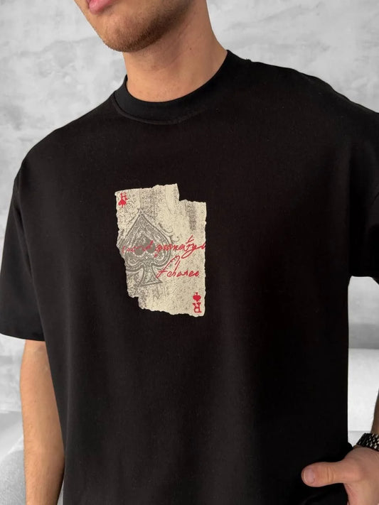 Ön ve Arka Baskılı Oversize Bisiklet Yaka T-shirt - Siyah