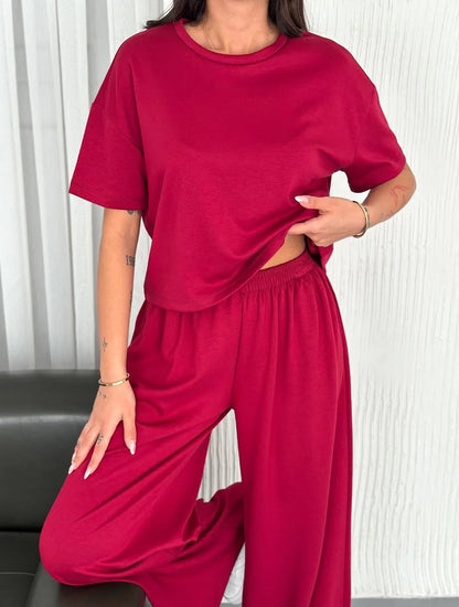 Osy Modal Yumuşak Dokulu Kumaş Bisiklet Yaka T-shirt Bol paça Pantalon ikili Takım - Boyalı Gri