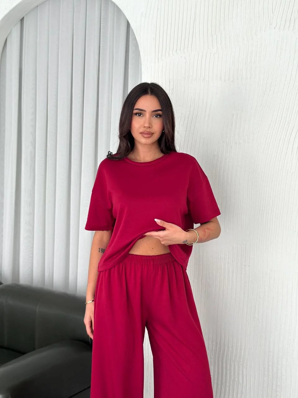 Osy Modal Yumuşak Dokulu Kumaş Bisiklet Yaka T-shirt Bol paça Pantalon ikili Takım - Boyalı Gri