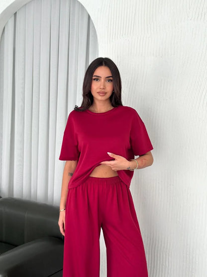 Osy Modal Yumuşak Dokulu Kumaş Bisiklet Yaka T-shirt Bol paça Pantalon ikili Takım - Boyalı Gri