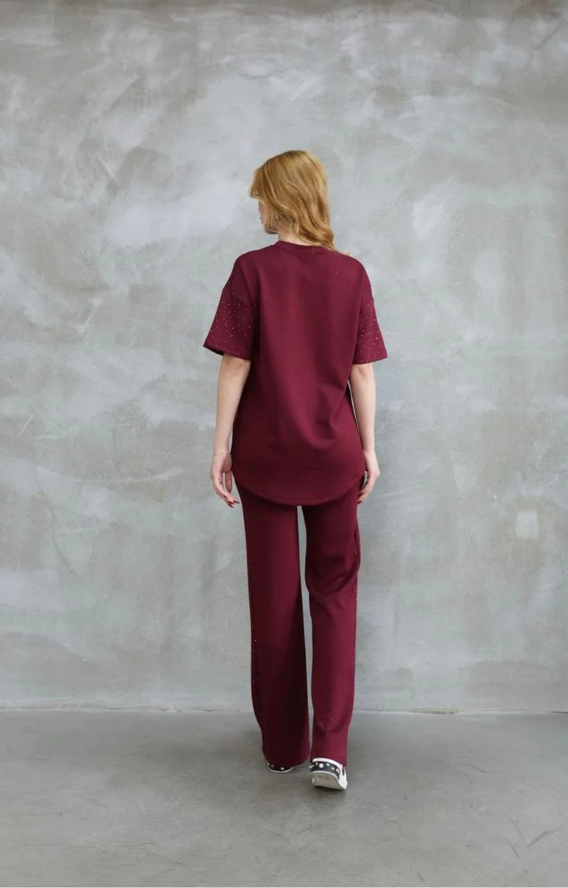 Osy Modal Yumuşak dokulu Kumaş Bisiklet Yaka Taş detaylı Kısa Kollu Takım - Kırık Beyaz