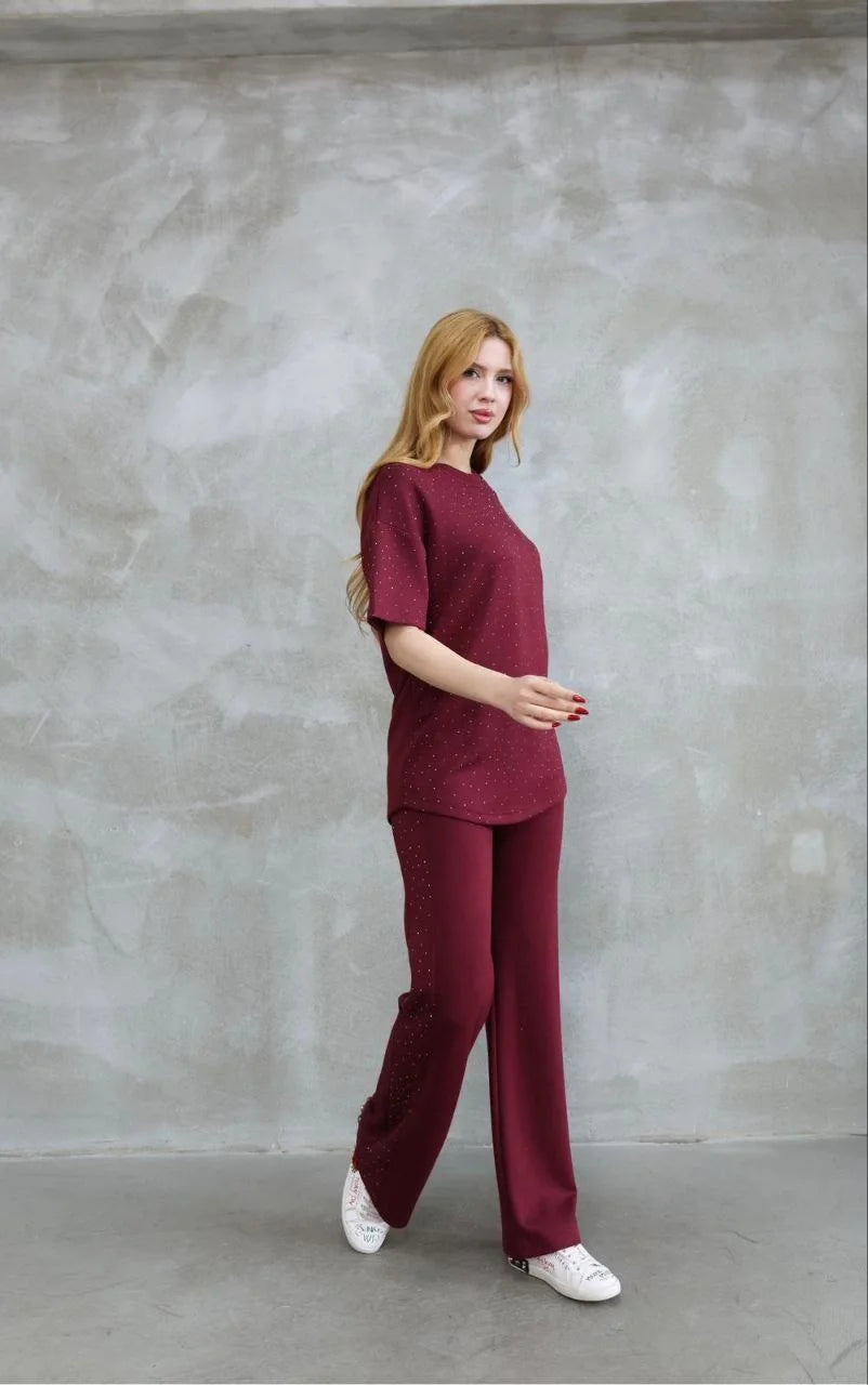 Osy Modal Yumuşak dokulu Kumaş Bisiklet Yaka Taş detaylı Kısa Kollu Takım - Kırık Beyaz