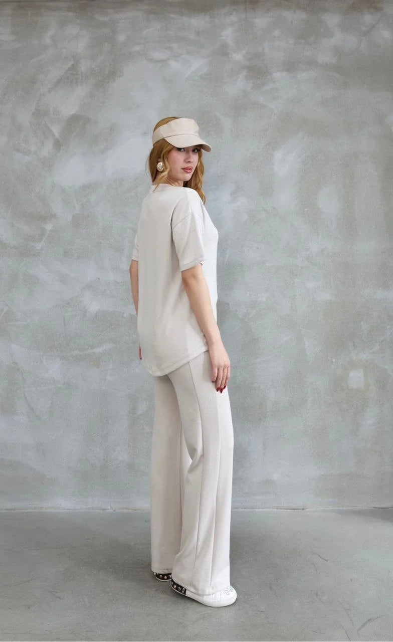 Osy Modal Yumuşak dokulu Kumaş Bisiklet Yaka Taş detaylı Kısa Kollu Takım - Kırık Beyaz