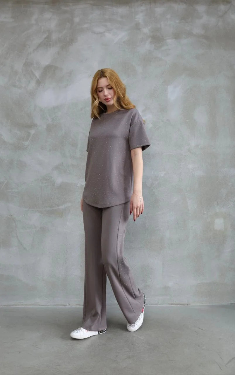 Osy Modal Yumuşak dokulu Kumaş Bisiklet Yaka Taş detaylı Kısa Kollu Takım - Kırık Beyaz