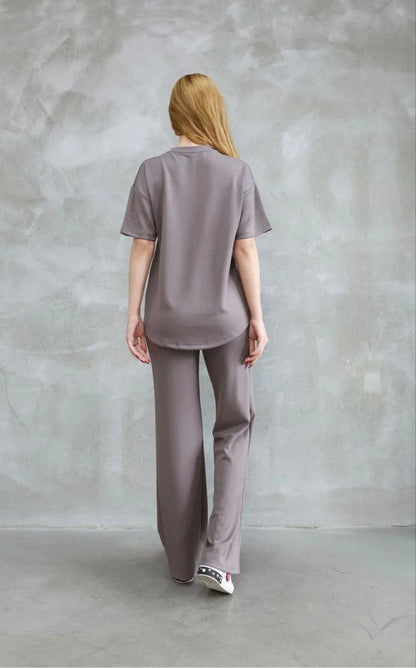 Osy Modal Yumuşak dokulu Kumaş Bisiklet Yaka Taş detaylı Kısa Kollu Takım - Kırık Beyaz