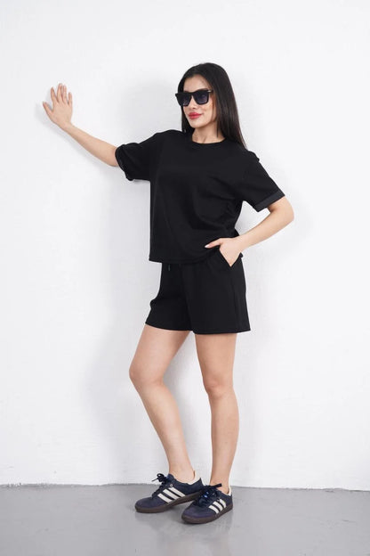 Osy Modal yumuşak dokulu Kumaş Kadın Bisiklet Yaka T-shirt Kısa Şort İkili Takım - Antrasit