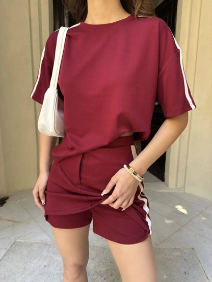 Osy Modal yumuşak dokulu Kumaş Kadın Parçalı Bisiklet Yaka T-shirt Mini Şortlu Etek İkili Takım - Füme