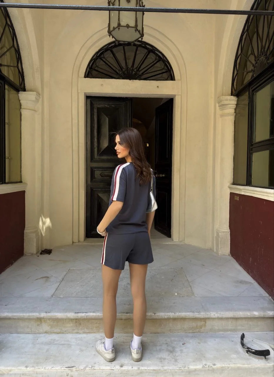 Osy Modal yumuşak dokulu Kumaş Kadın Parçalı Bisiklet Yaka T-shirt Mini Şortlu Etek İkili Takım - Füme