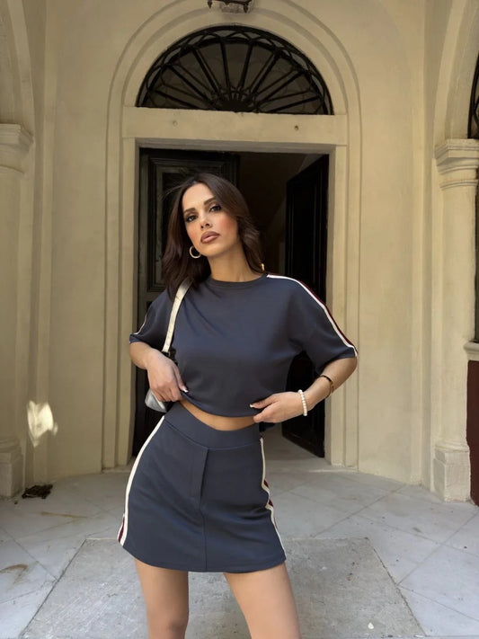 Osy Modal yumuşak dokulu Kumaş Kadın Parçalı Bisiklet Yaka T-shirt Mini Şortlu Etek İkili Takım - Füme