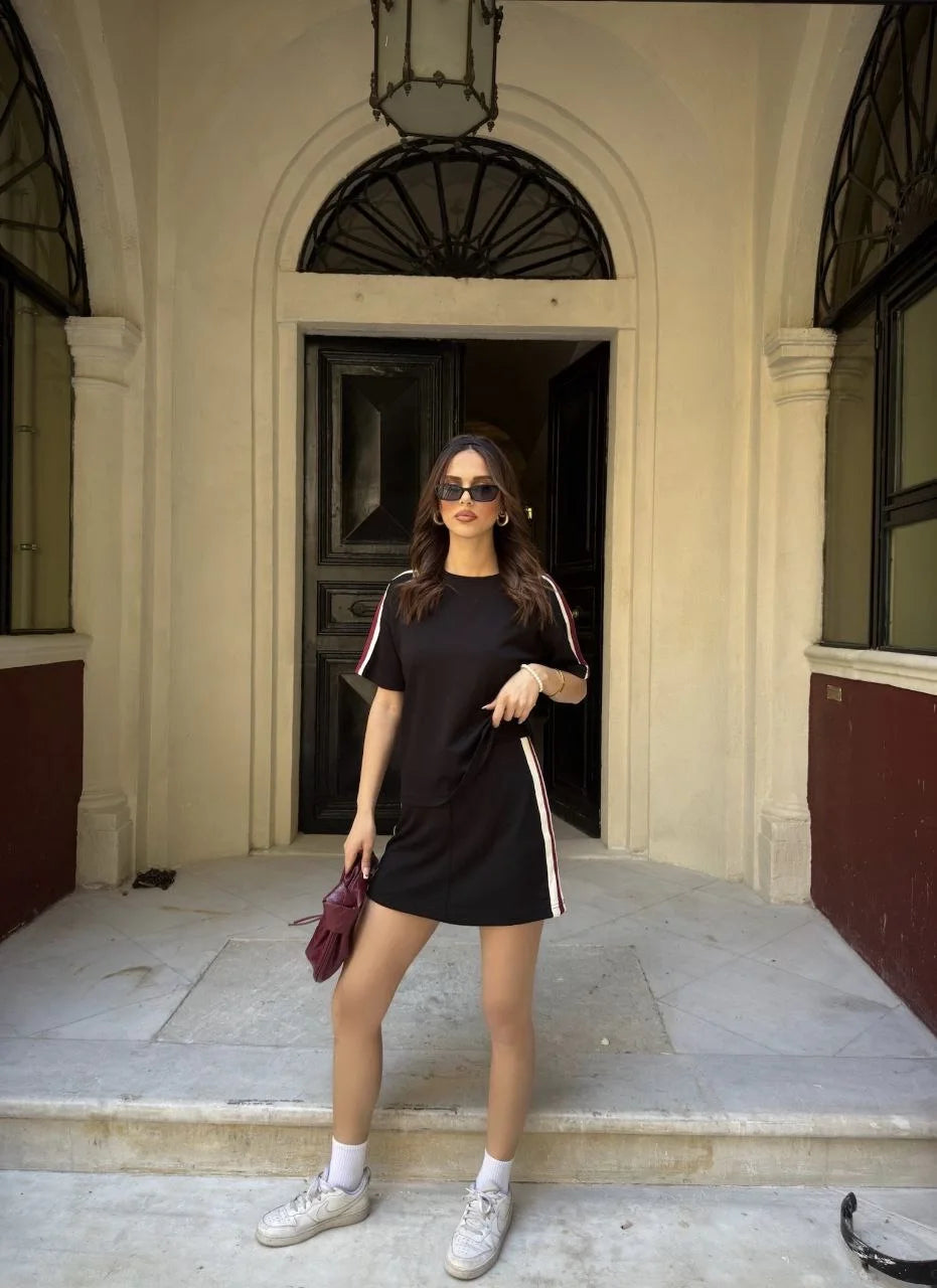 Osy Modal yumuşak dokulu Kumaş Kadın Parçalı Bisiklet Yaka T-shirt Mini Şortlu Etek İkili Takım - Füme