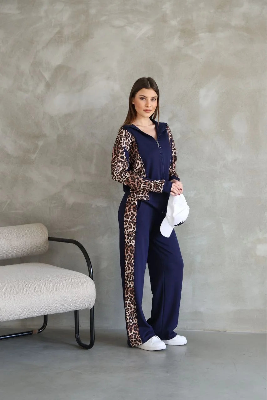 Osy Modal Yumuşak Dokulu Kumaş Kapüşonlu Leopar Desenli Fermuarlı Takım - Bordo